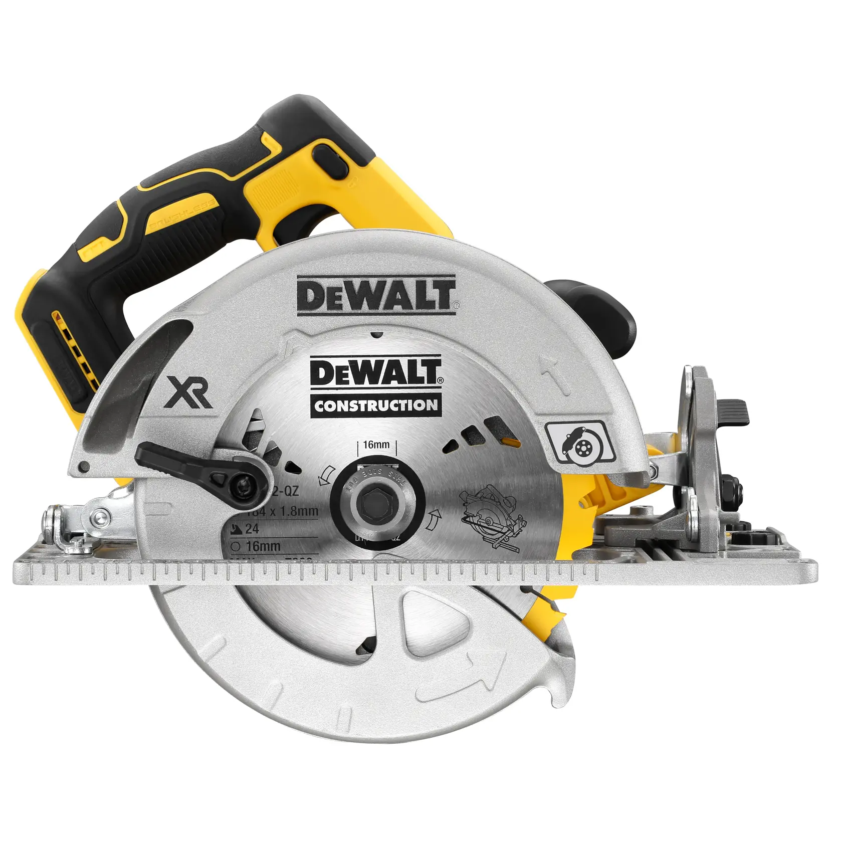 DEWALT DCS572N cordless circular saw with a black and yellow handle, silver blade, and construction branding.