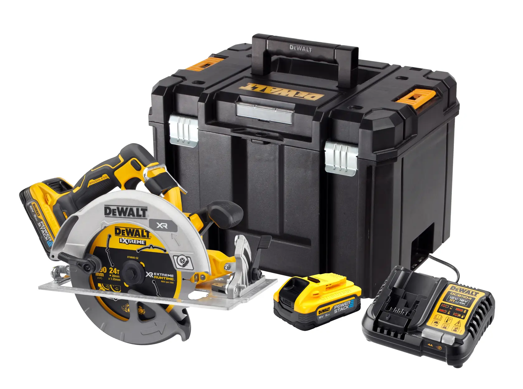 A DEWALT cordless circular saw kit including a yellow and black circular saw, two batteries, a battery charger and a large black carrying case.