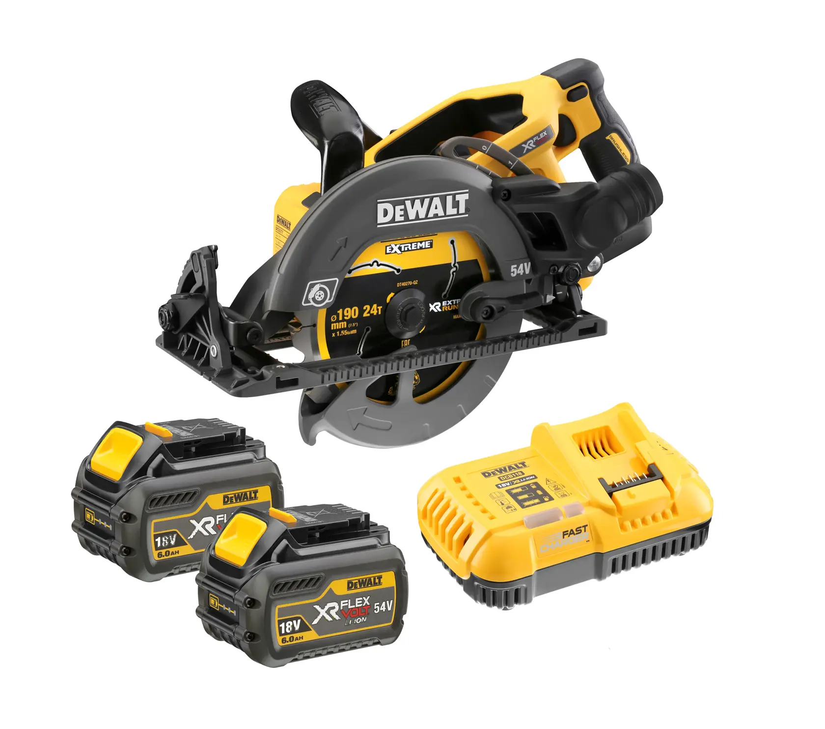 DEWALT circular saw kit with two batteries and a yellow charger, all shown together on a white background.