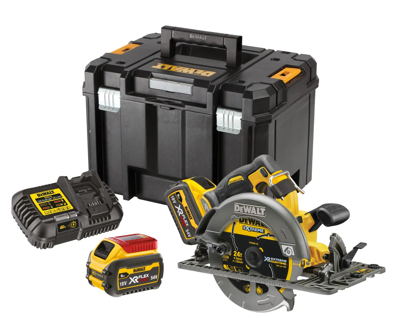 54V XR FLEXVOLT 190 mm Rail Compatible Circular Saw with (2) 6Ah Batteries