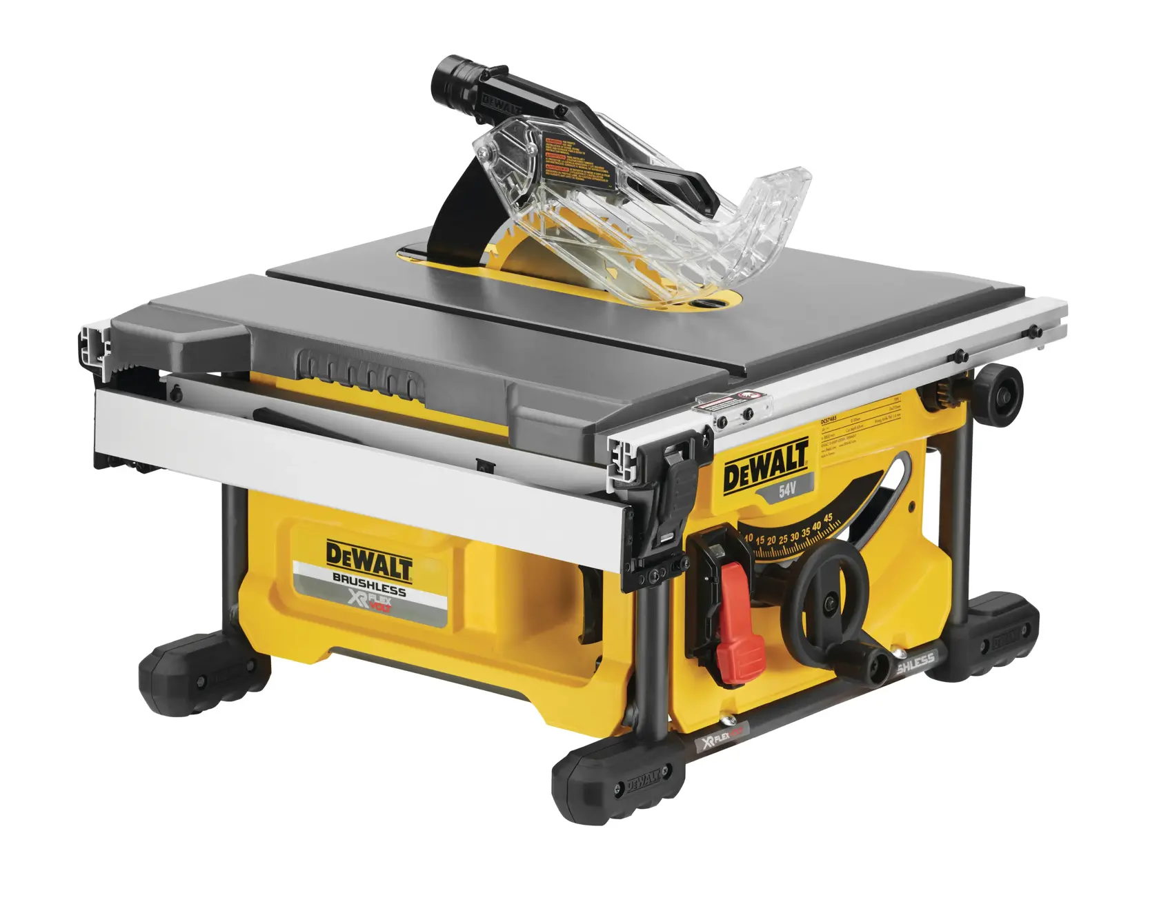 A DEWALT-branded portable table saw with a yellow and black body, brushless motor, and clear blade guard. It features measurement markings, adjustment knobs, and is designed for woodworking tasks.