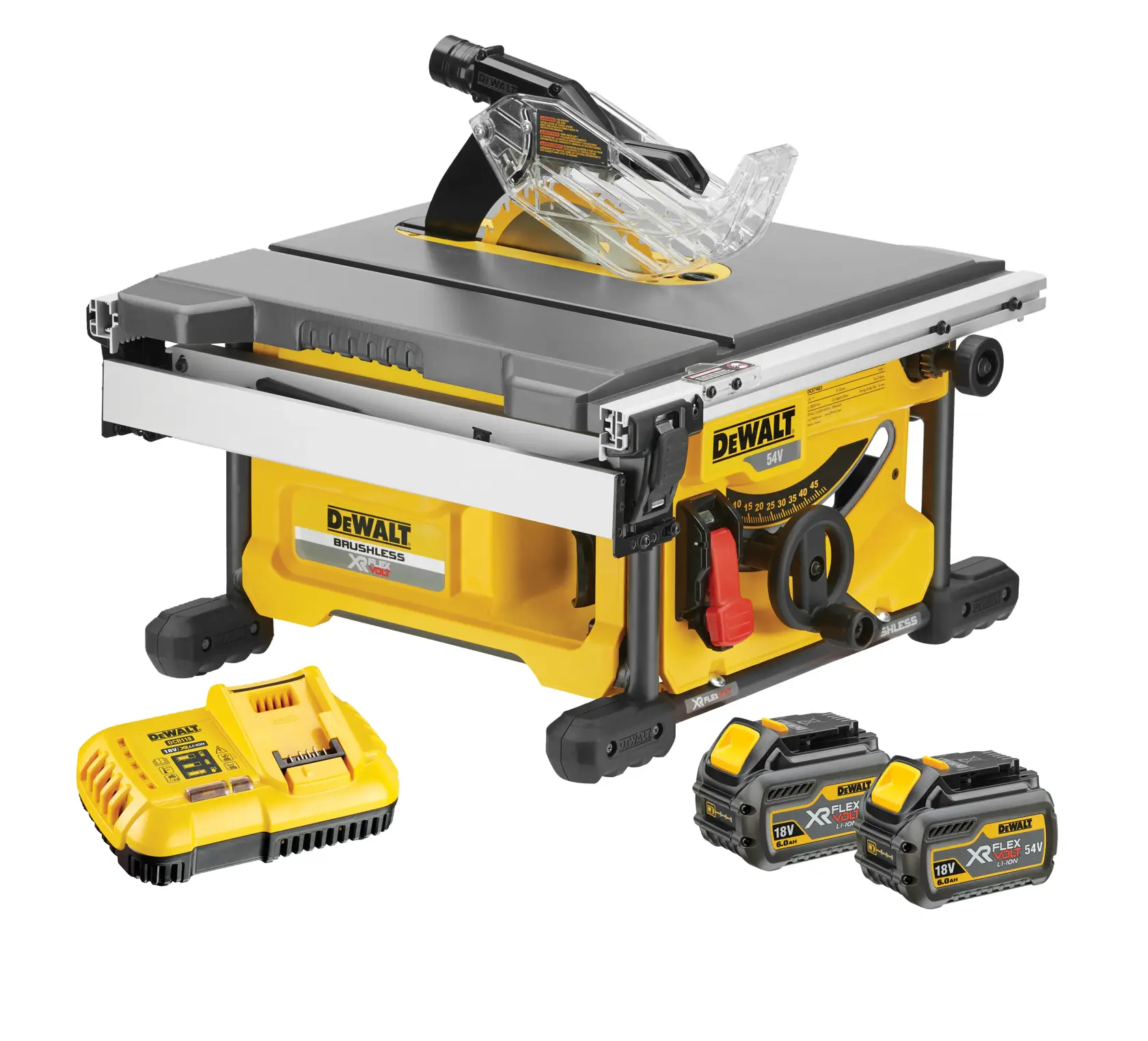 DEWALT cordless table saw with blade guard, two batteries, and charger on white background.