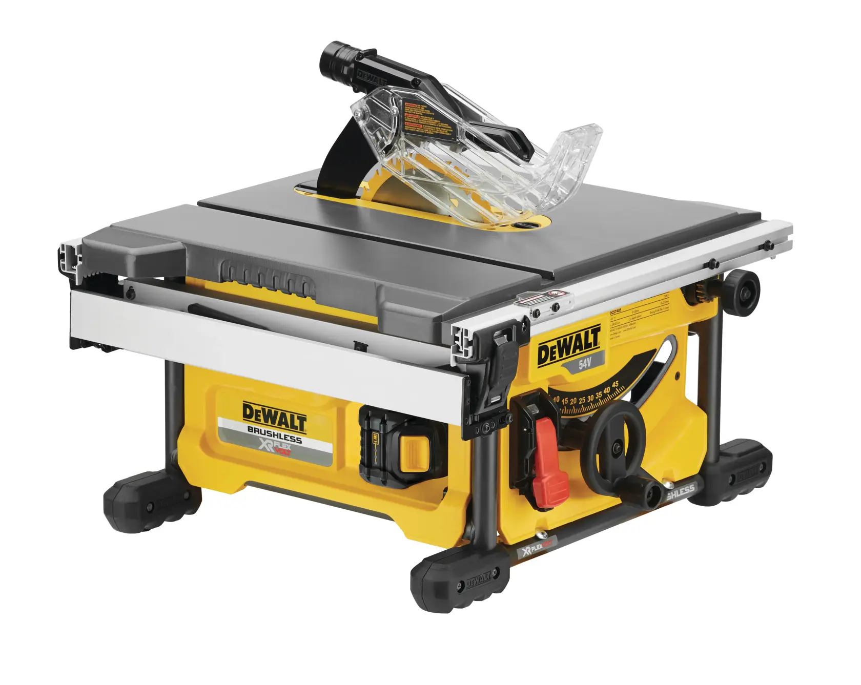 DEWALT DCS7485 portable table saw with blade guard and adjustable fence.