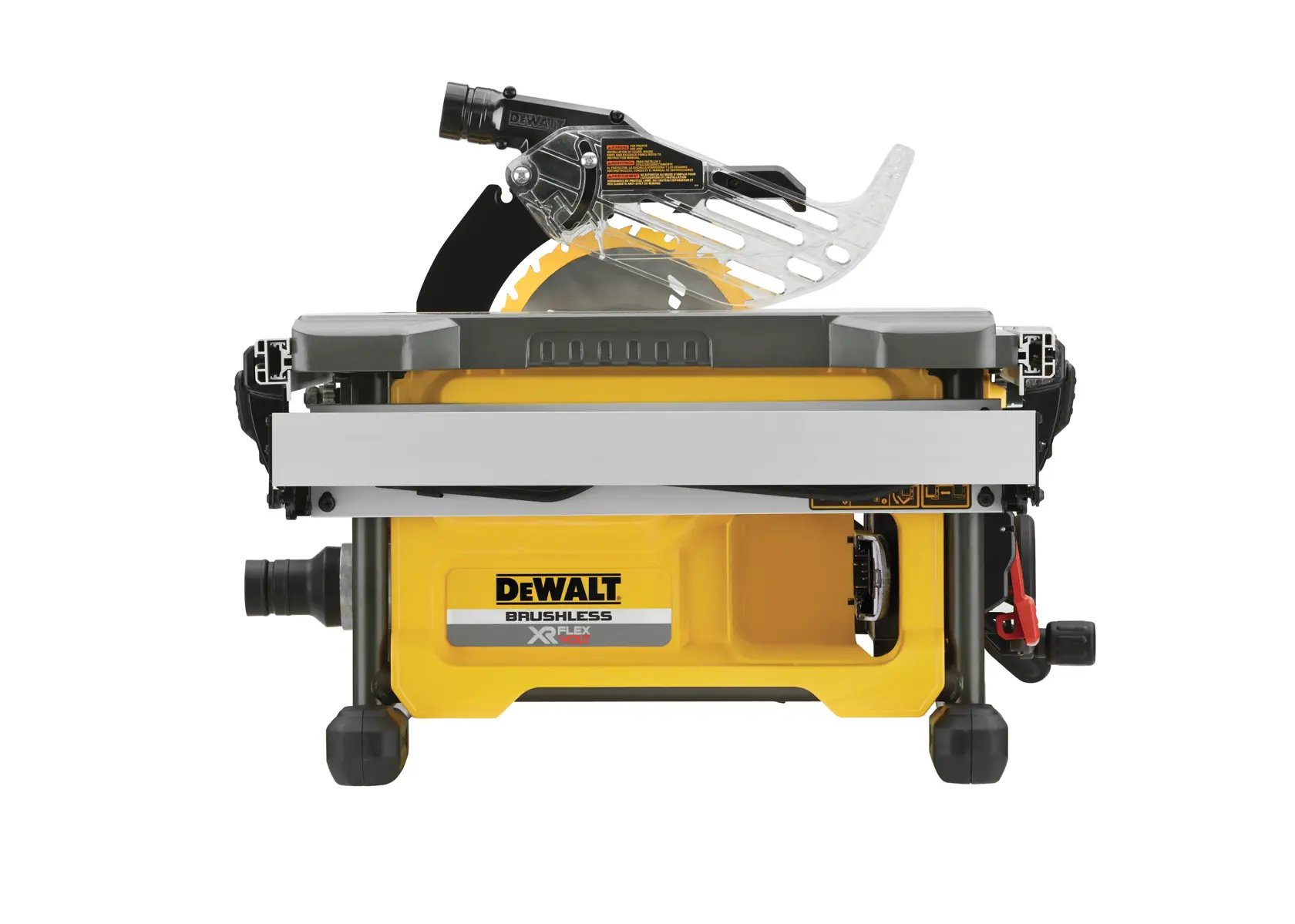 Yellow DEWALT brushless table saw with blade guard, front view, on white background.