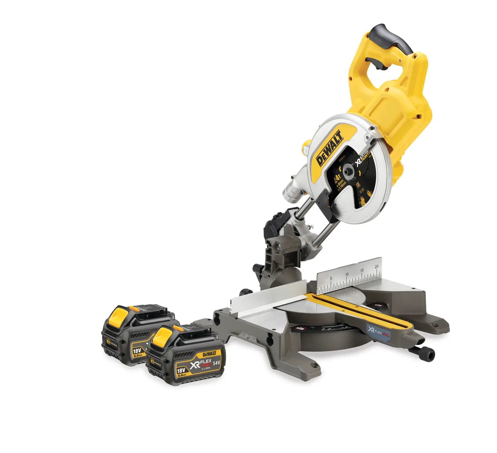 A DEWALT cordless mitre saw with a yellow and silver design, shown with two 18V XR FLEXVOLT lithium-ion batteries placed beside it.