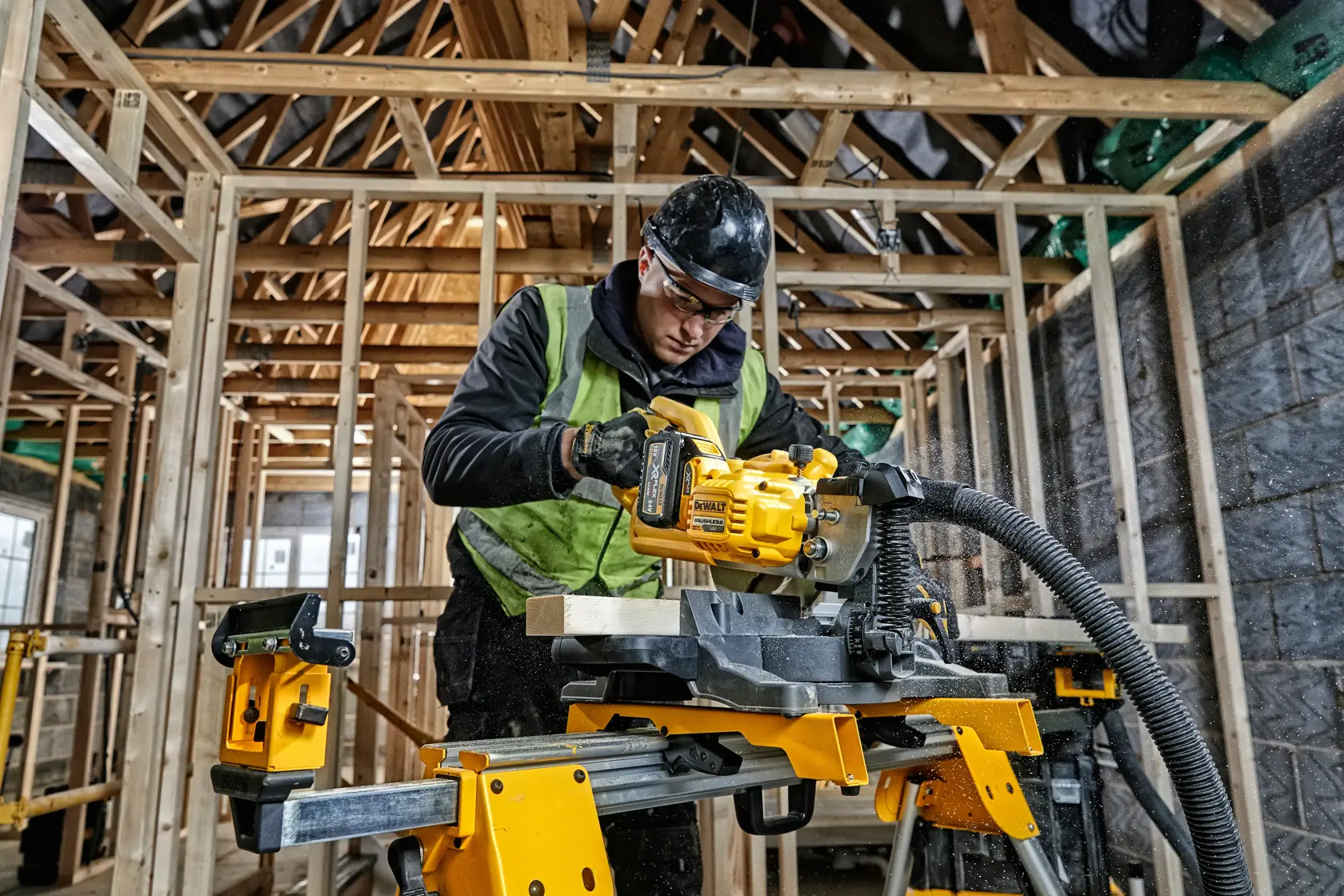 Person using a DEWALT cordless saw to cut wood inside a building under construction.