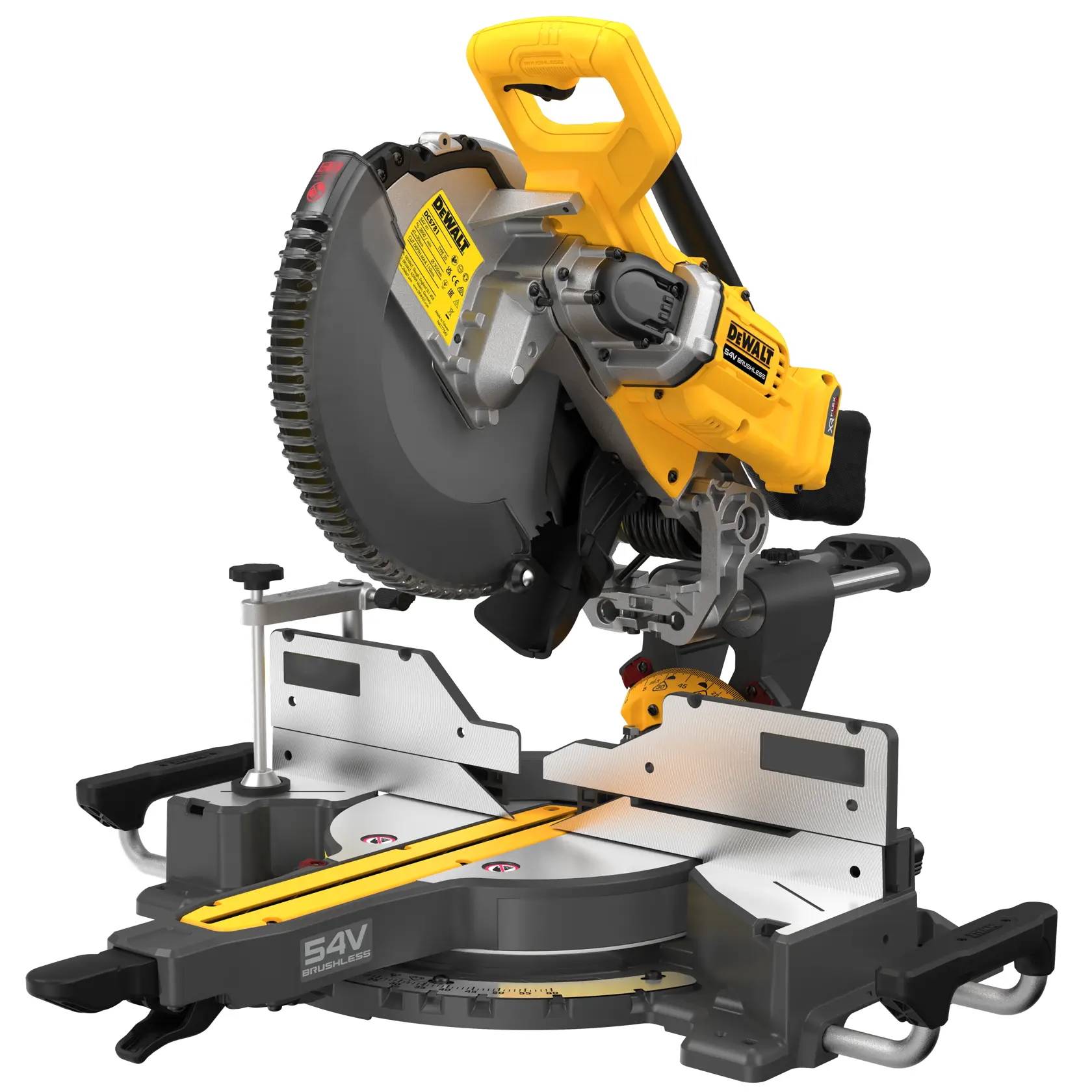 DEWALT 54V cordless brushless miter saw with yellow handle and adjustable base, designed for precise wood cutting.