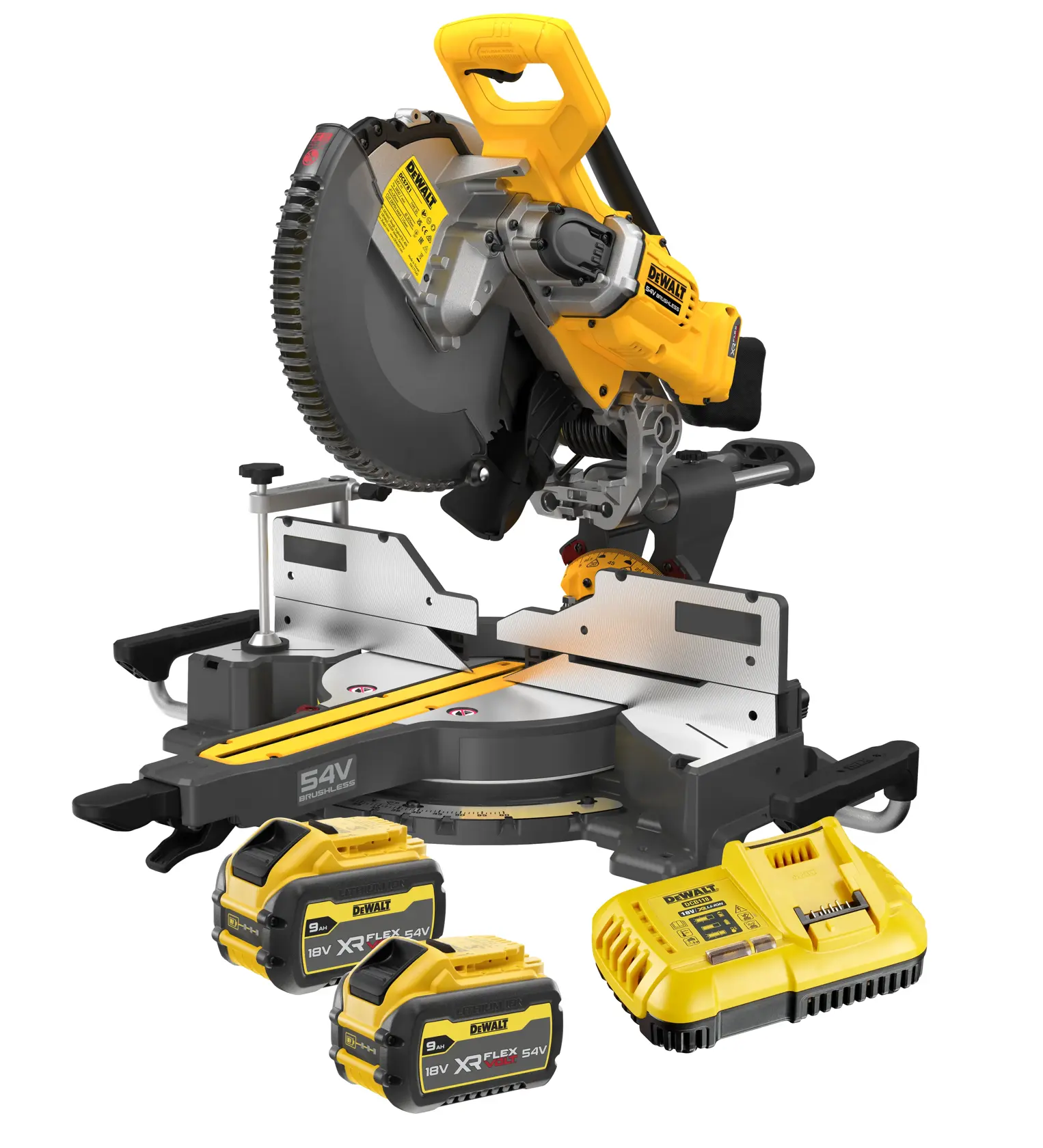A DEWALT cordless mitre saw kit, including a yellow and black mitre saw, two XR FLEXVOLT 54V lithium-ion batteries, and a battery charger. The setup is intended for professional woodworking or construction use.