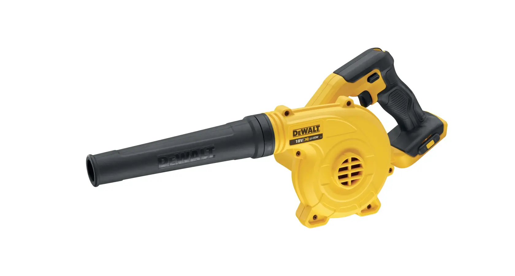 A yellow and black DEWALT handheld blower tool with an elongated nozzle and ergonomic handle, displayed against a white background.