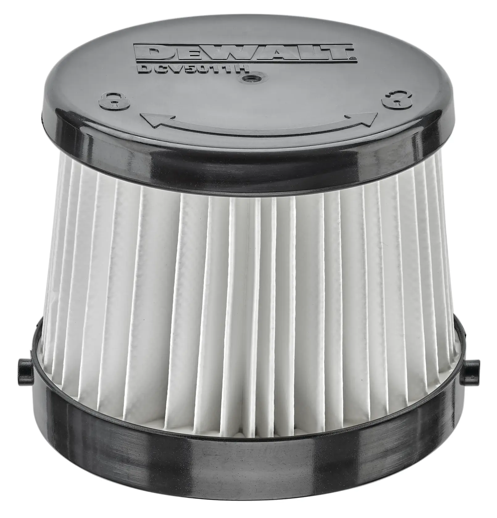 A DEWALT DCV5011H cylindrical pleated vacuum filter with a black plastic top and bottom, designed for use in DEWALT vacuum cleaners.