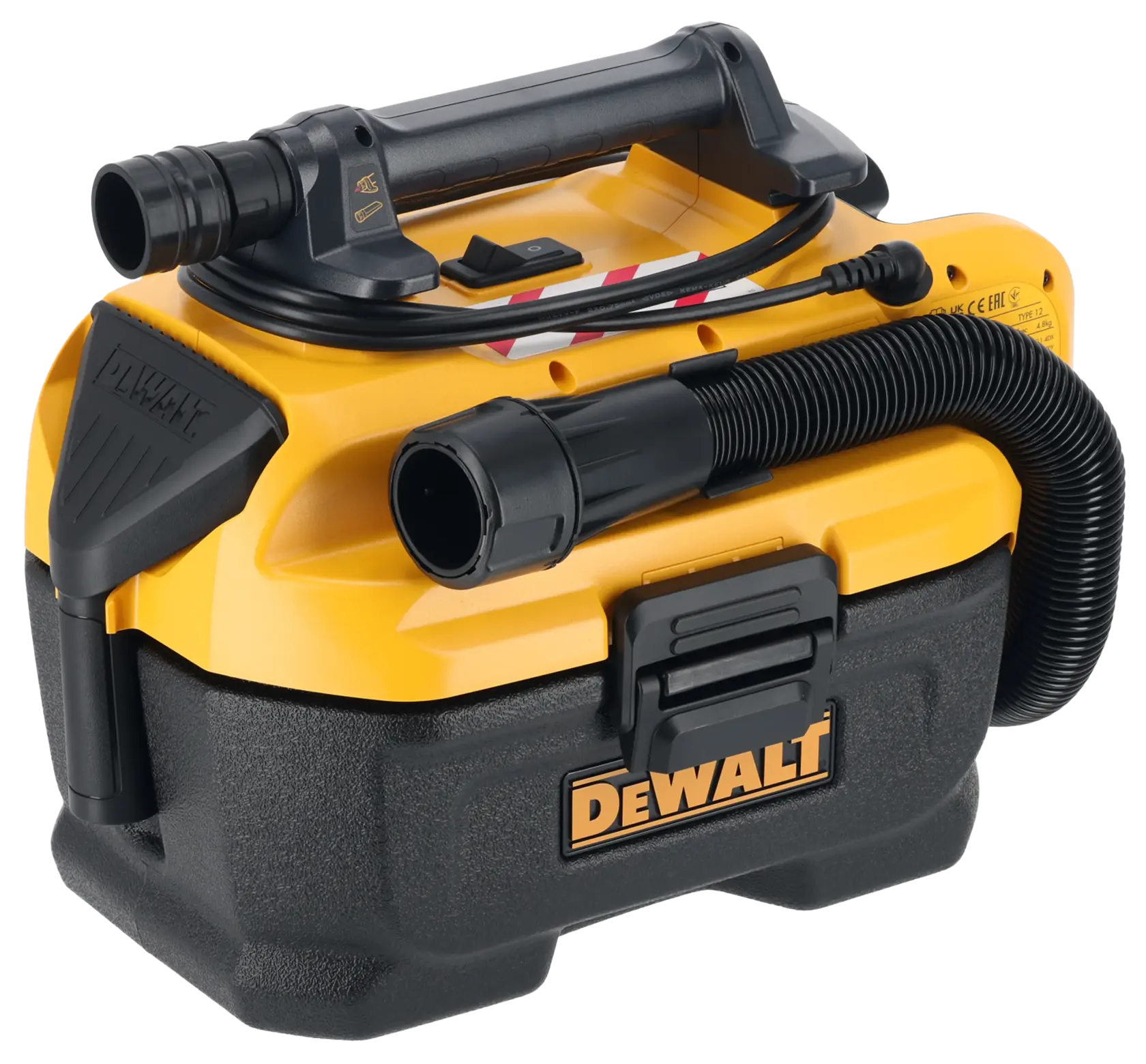 A DEWALT portable wet and dry vacuum cleaner with a yellow and black design, featuring a flexible hose and sturdy handle.