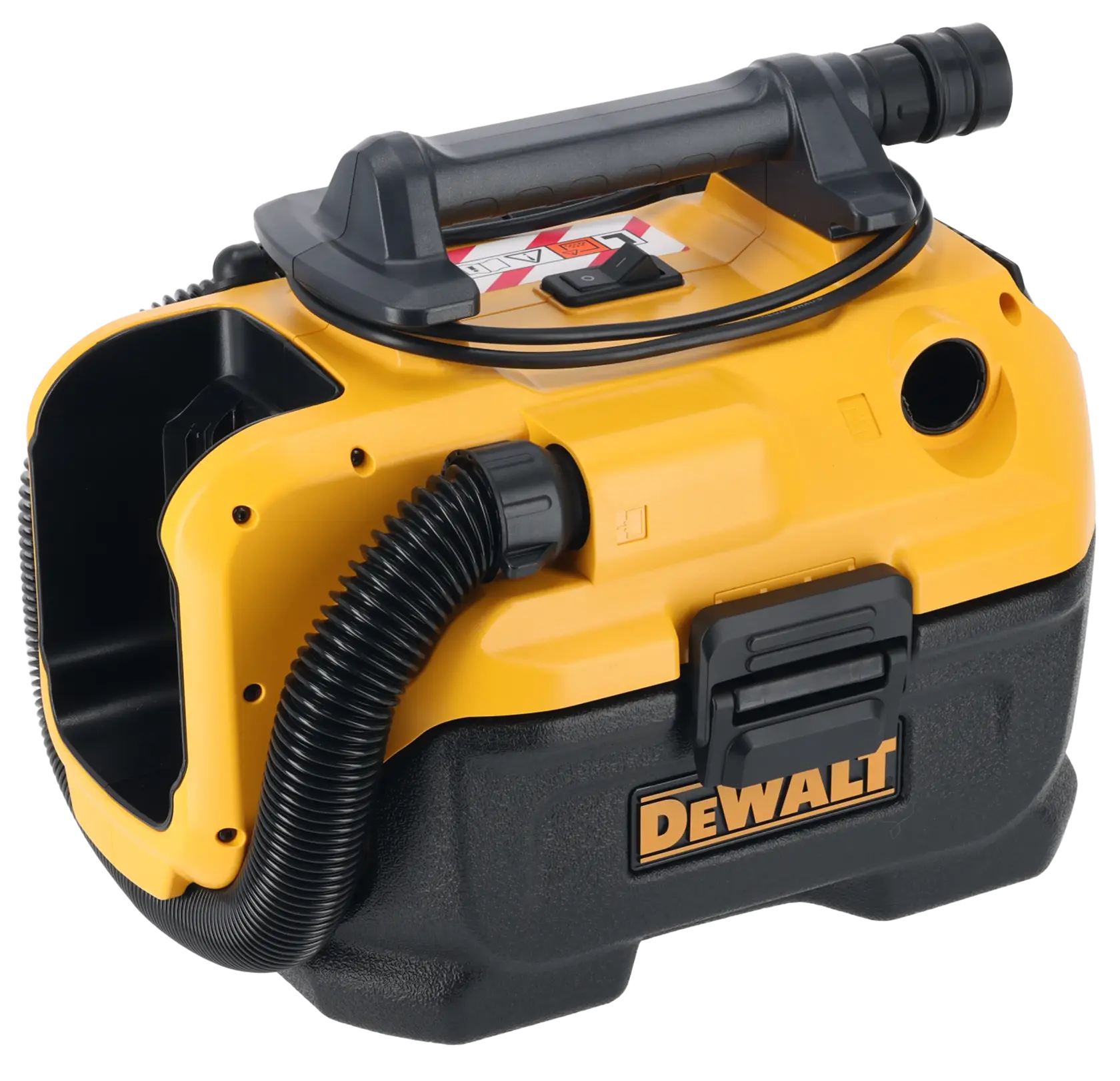 A portable DEWALT vacuum cleaner, model DCV584L, featuring a yellow and black body with a handle, hose attachment, and an easy-access compartment. Designed for robust cleaning in professional or workshop settings.
