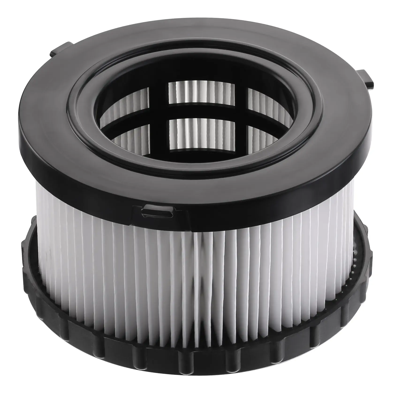 A cylindrical pleated vacuum filter with a black plastic frame, designed for use with a DEWALT vacuum cleaner.