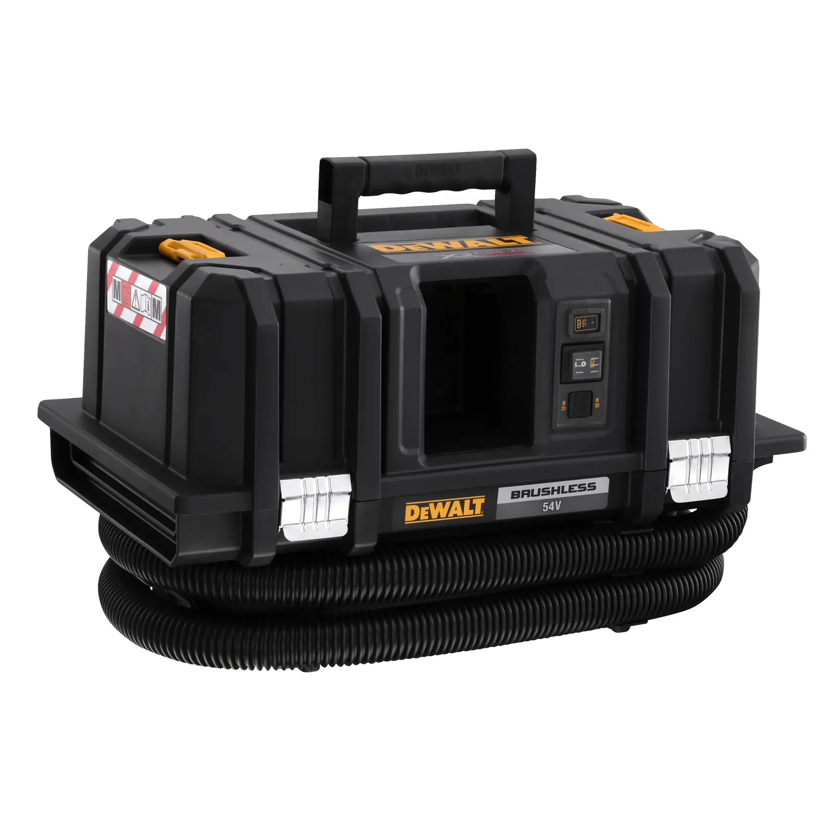 DEWALT 54V brushless cordless dust extractor with handle and hose, black case design.