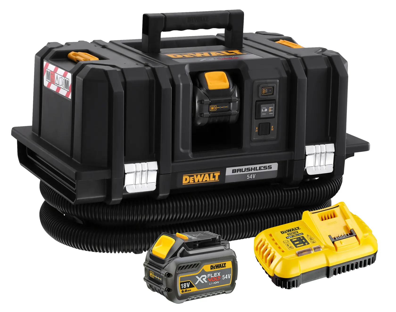 A DEWALT 54V brushless portable dust extractor with a black and yellow design, shown with a flexible hose, detachable battery pack, and battery charger placed in front.