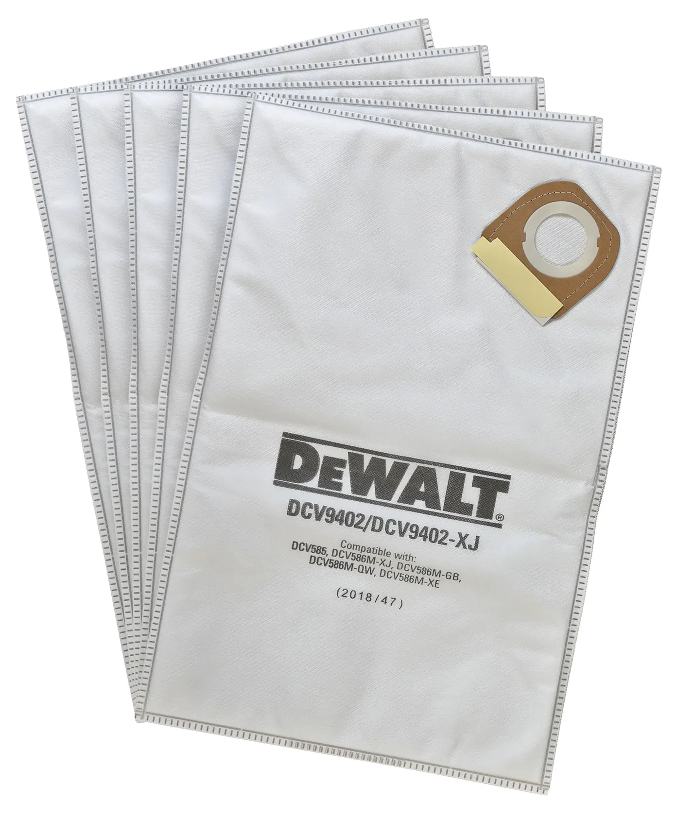 A pack of DEWALT DCV9402-XJ vacuum dust bags, compatible with various DEWALT vacuum models. The bags are white with reinforced edges and have a brown cardboard collar with a circular opening.