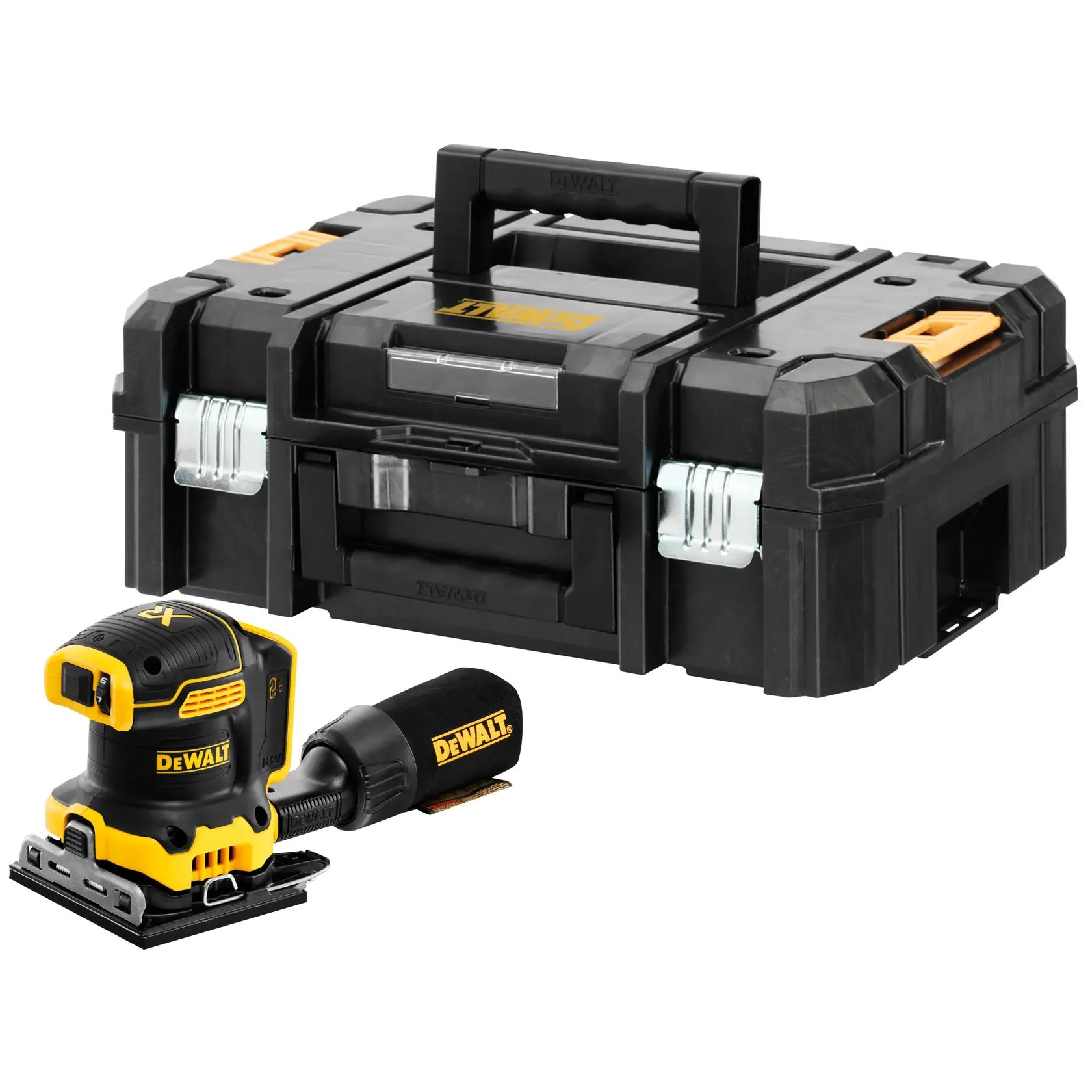 DEWALT sander with dust bag and a sturdy black tool case, both featuring yellow accents.