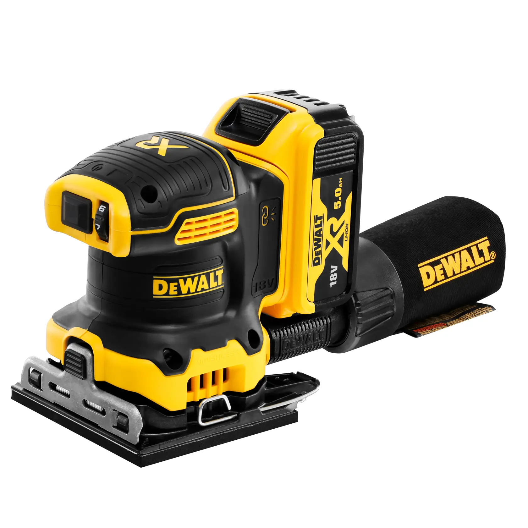 DEWALT cordless sander with battery and dust bag, shown in yellow and black on a white background.