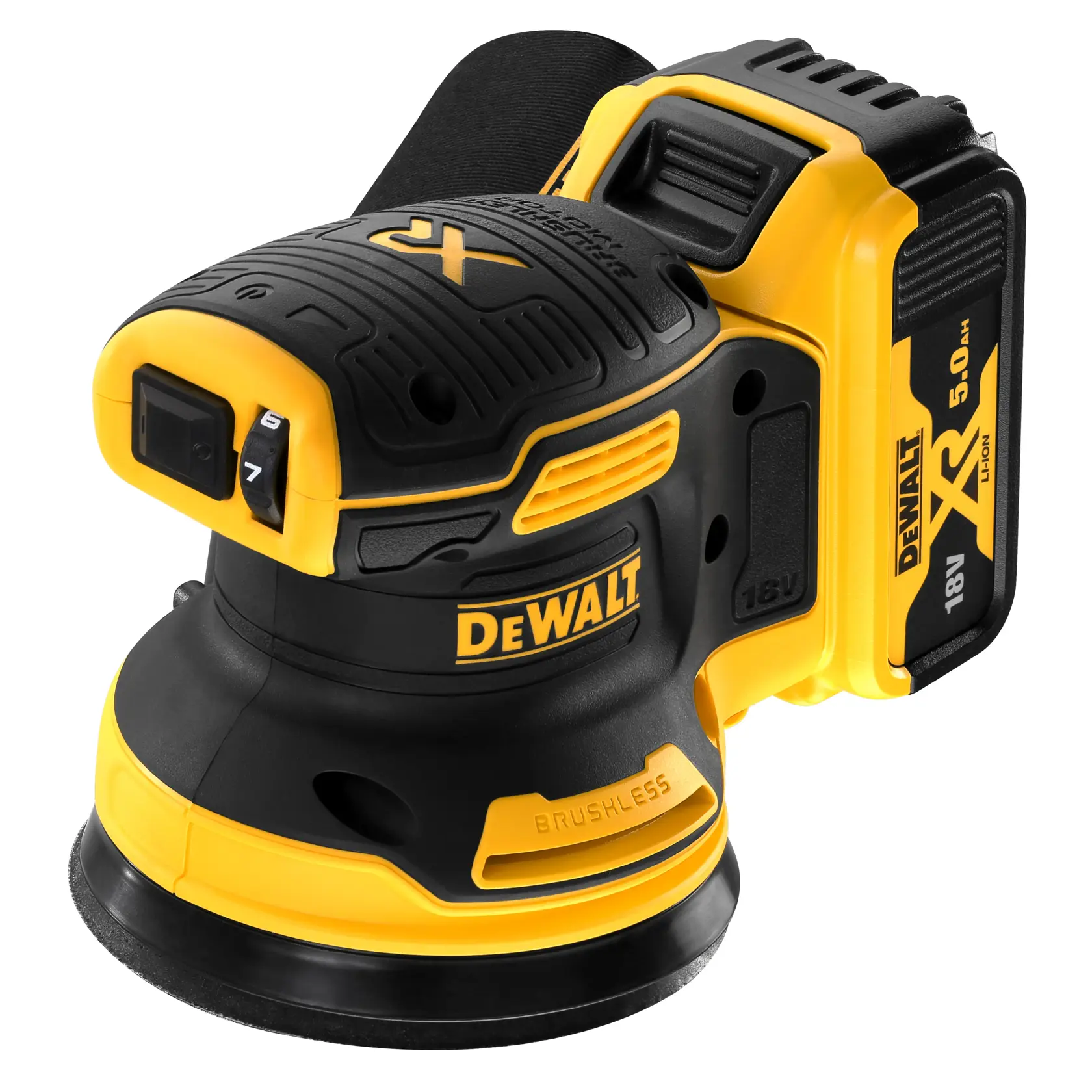 A DEWALT cordless orbital sander, model DCW210P2, featuring a brushless motor and an 18V XR lithium-ion battery. The tool is mainly yellow and black with DEWALT branding.