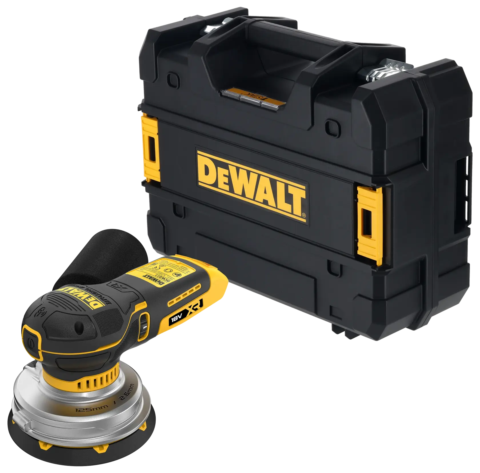 DEWALT cordless random orbital sander 18V XR with black storage case.