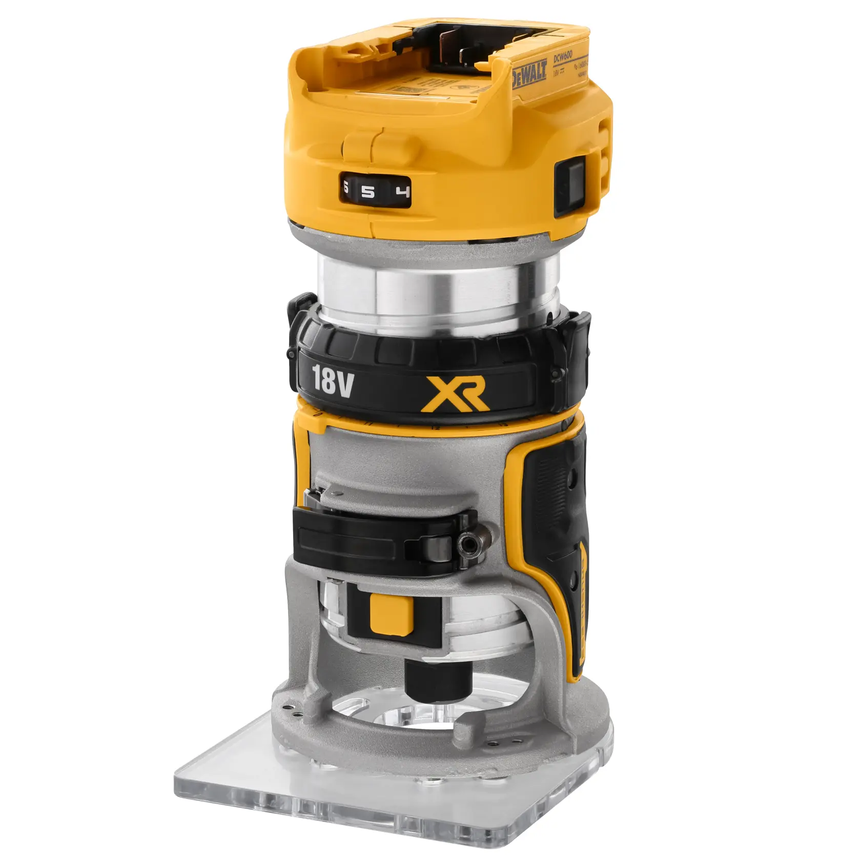 A DEWALT DCW600N cordless compact router featuring an 18V XR motor. The tool is mainly yellow with black and silver accents, and has a transparent flat base for stability during woodworking tasks.