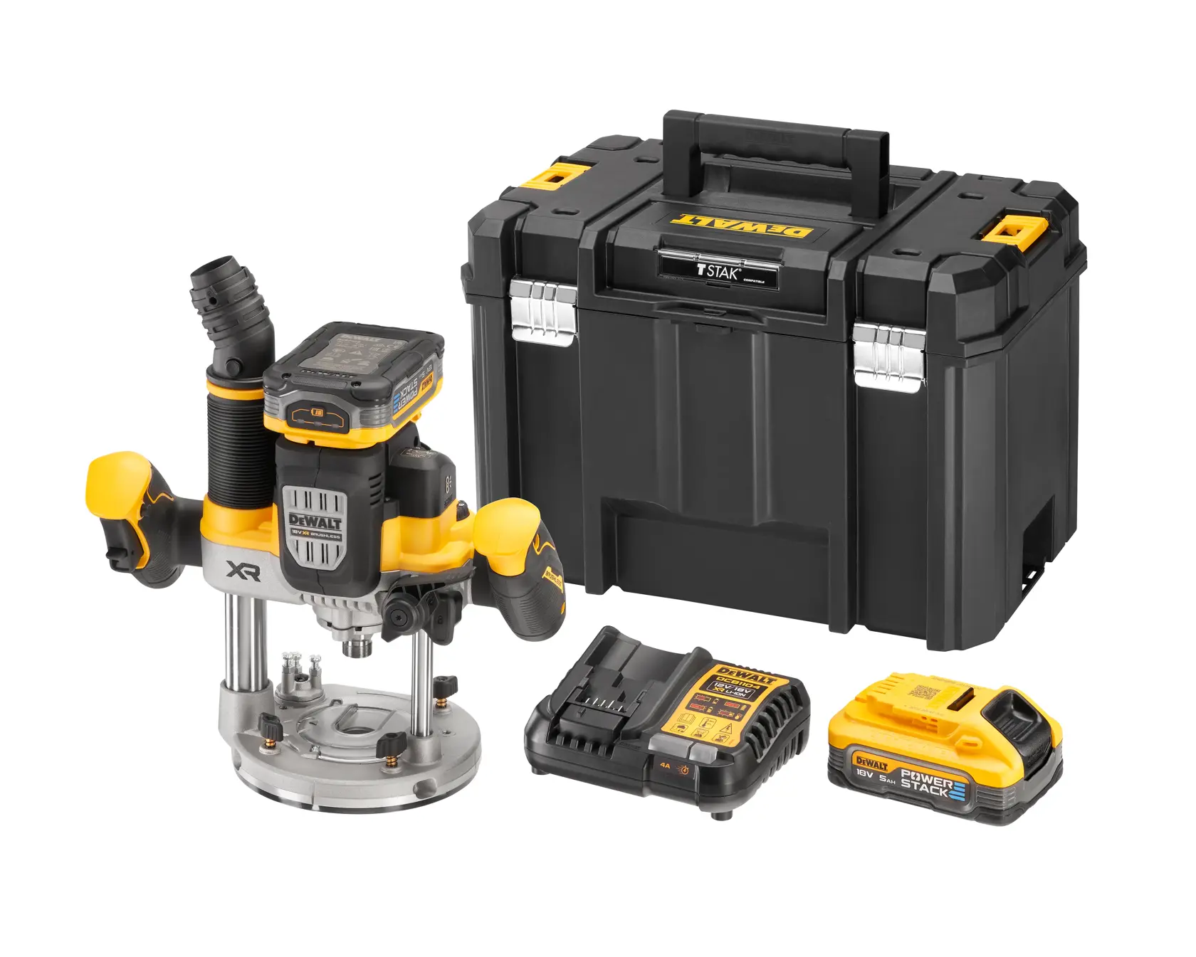 DEWALT router kit with router, battery, charger, and black storage case.