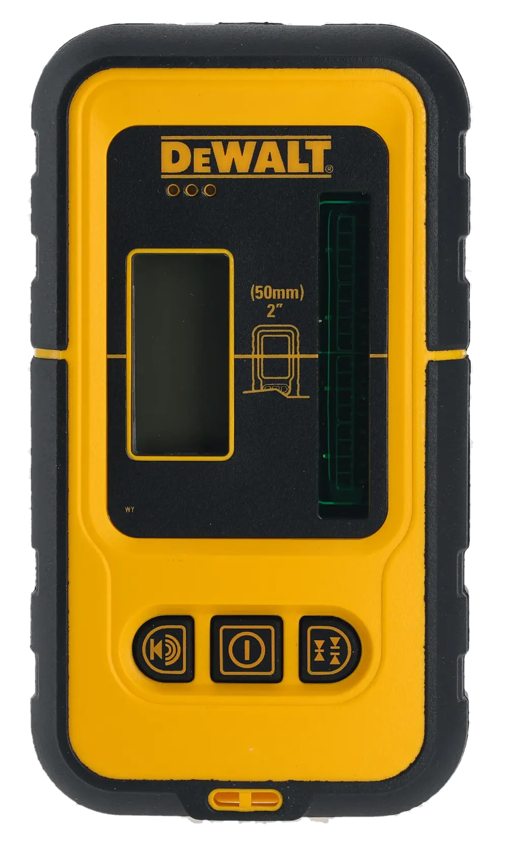 A DEWALT handheld electronic laser detector with a yellow and black casing, an LCD display, indicator lights, control buttons, and measurement markings for 50mm (2 inches).