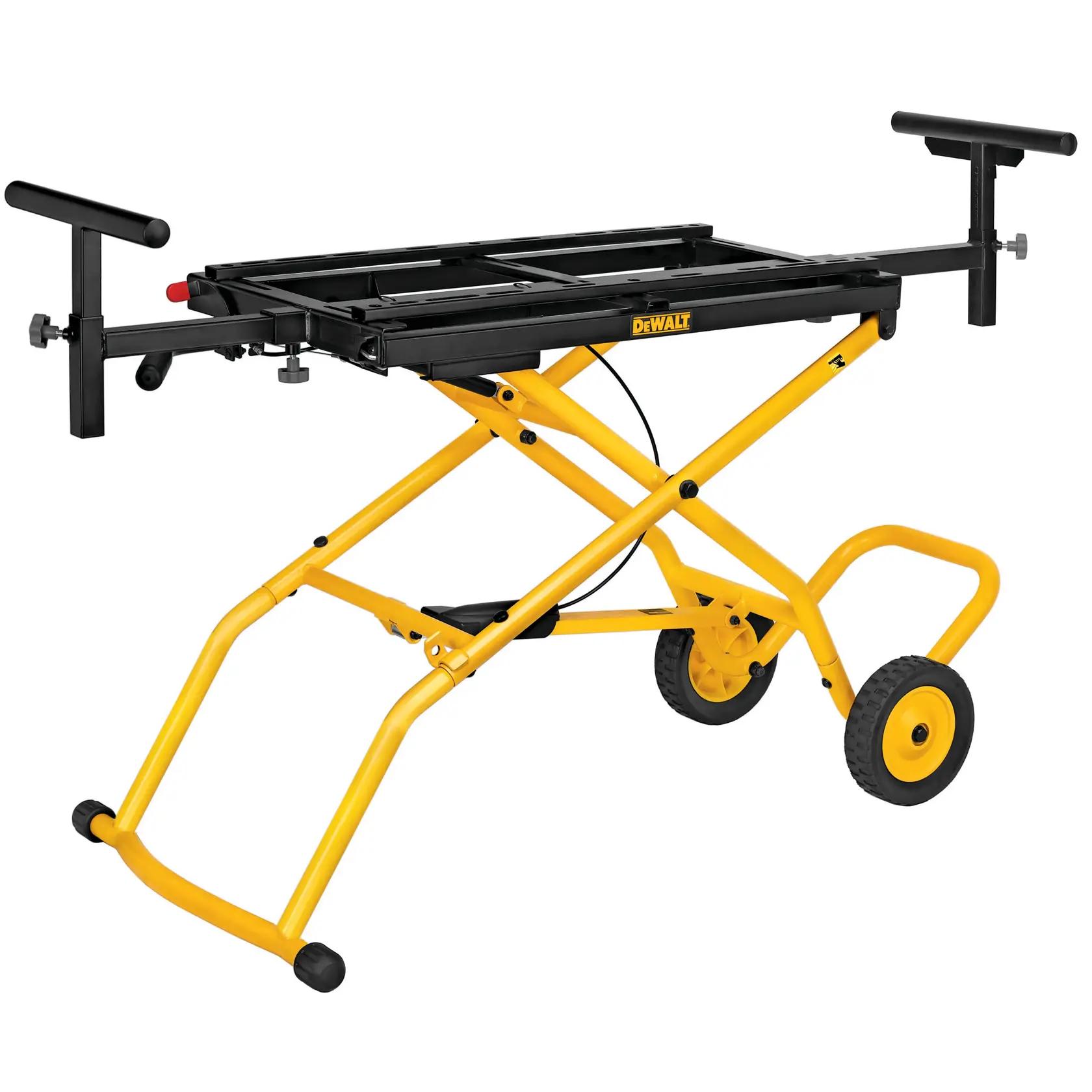DEWALT DE7260 yellow folding stand with wheels for photography or equipment.