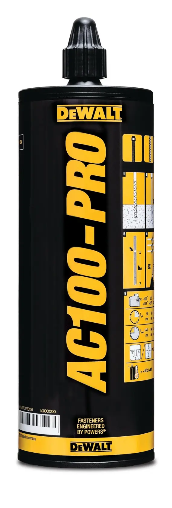 A black and yellow cartridge of DEWALT AC100-PRO chemical anchor adhesive with a black cap, featuring the DEWALT logo and usage instructions printed on the label.