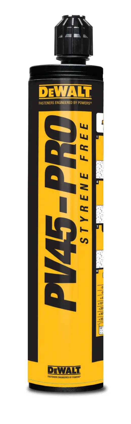 A DEWALT PV45-PRO Styrene Free fastener cartridge with a black cap, standing upright against a white background.