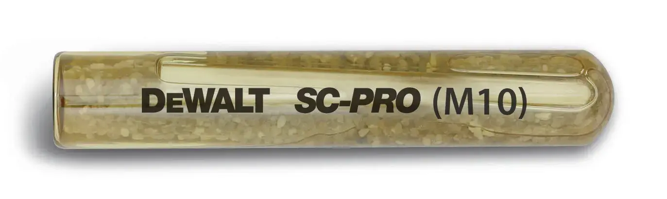 A DEWALT SC-PRO (M10) resin capsule for anchoring, shown in a transparent tube on a white background.