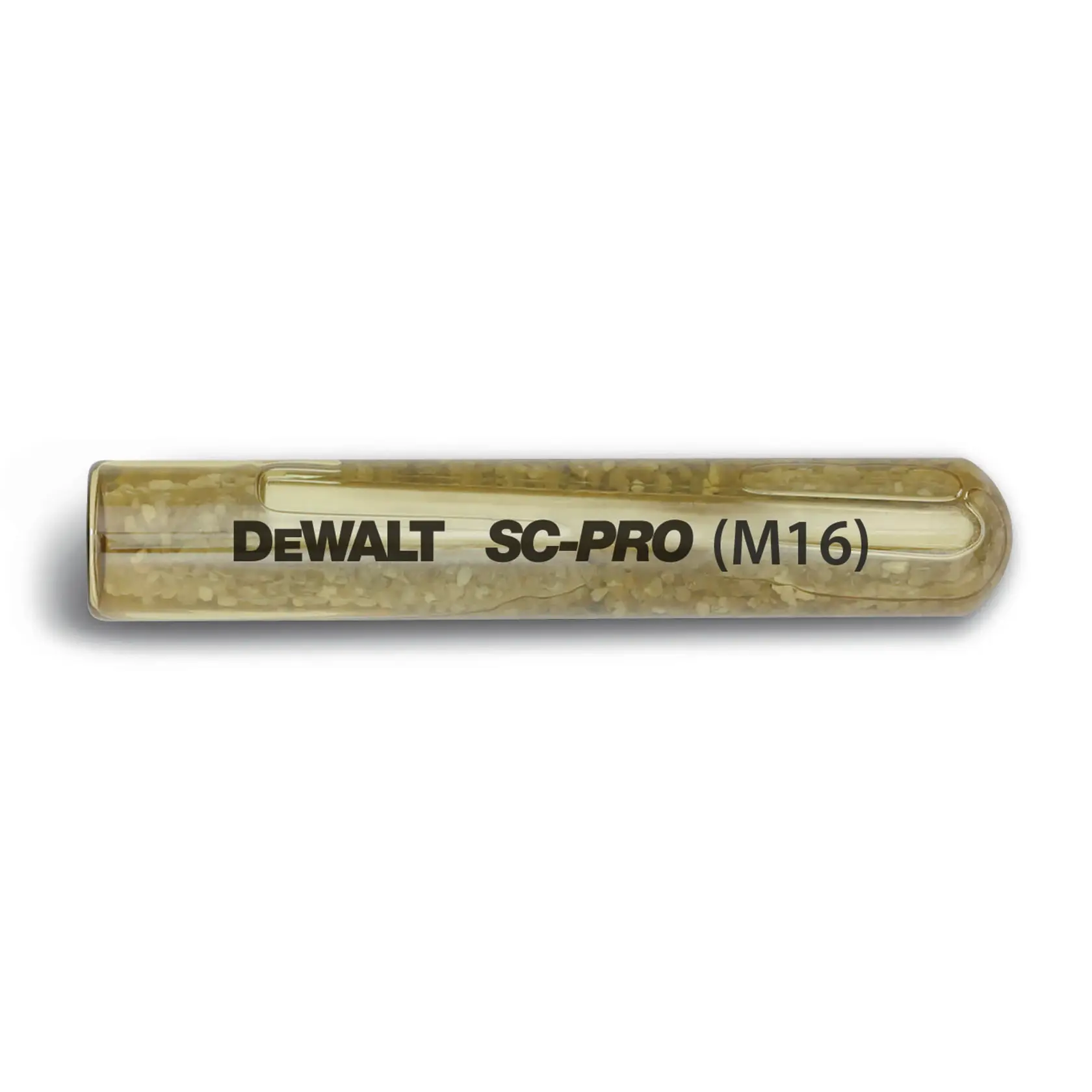 DEWALT SC-PRO (M16) resin capsule in a transparent tube for anchoring systems.