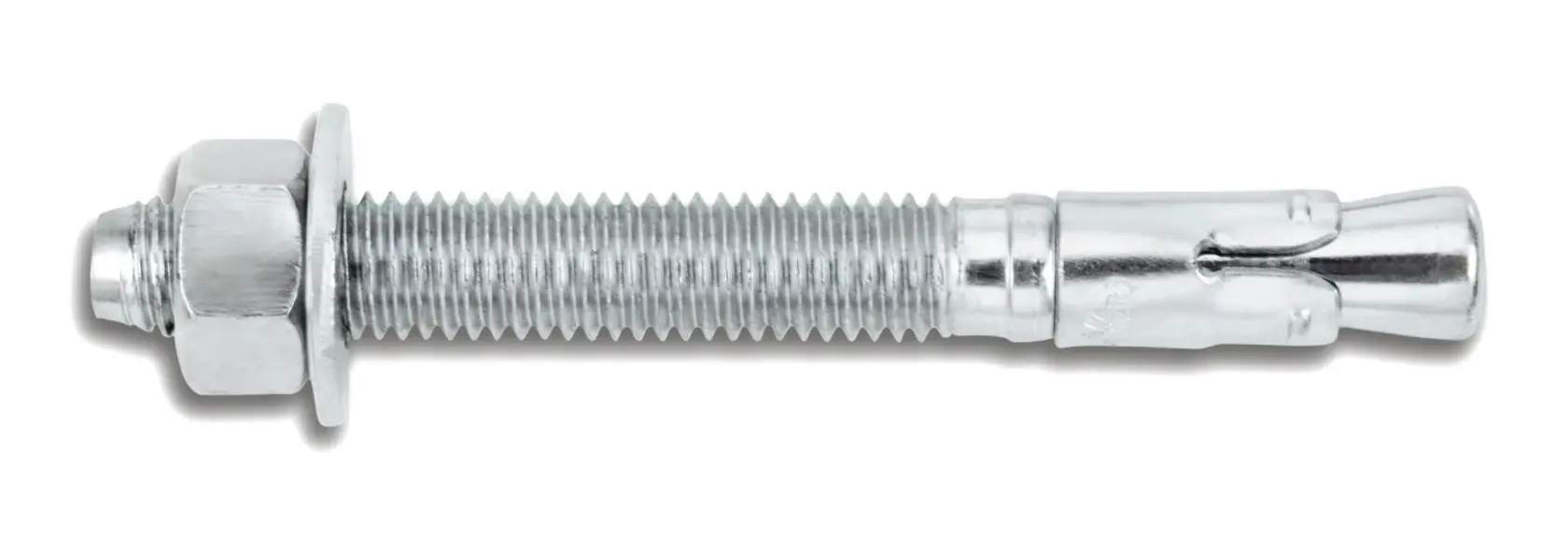 Metal expansion anchor bolt with nut and washer for secure fixing in concrete or masonry surfaces.
