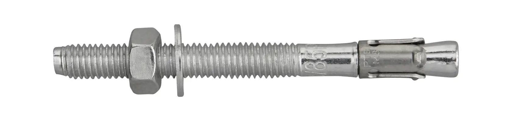 Metal anchor bolt with nut and washer, shown on a white background.