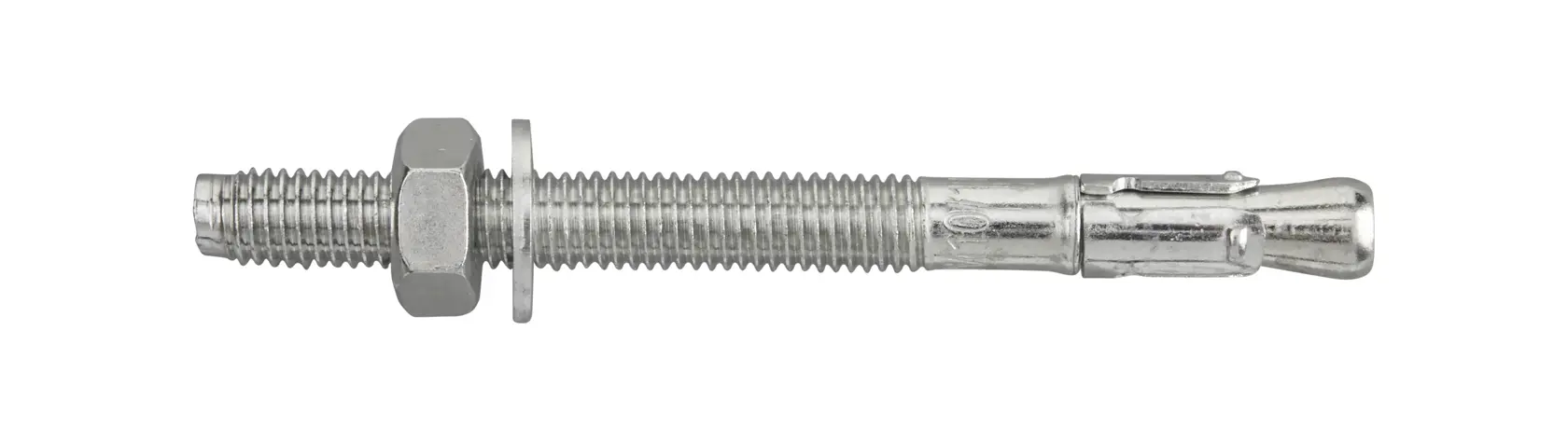Metal anchor bolt with nut and washer for secure fixing in construction.