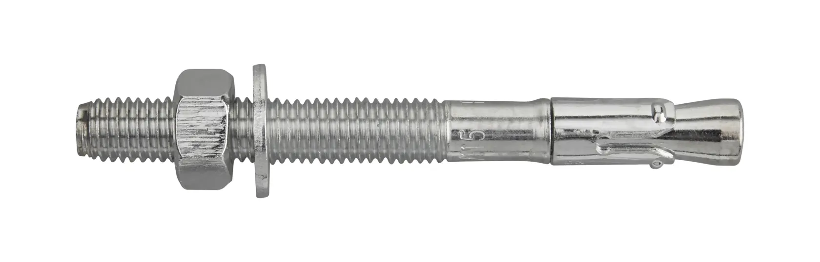Metal anchor bolt with nut and washer used for secure mounting in concrete or masonry surfaces.
