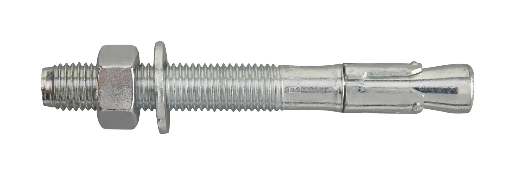 Metal expansion anchor bolt with nut and washer for secure fixing in masonry or concrete.