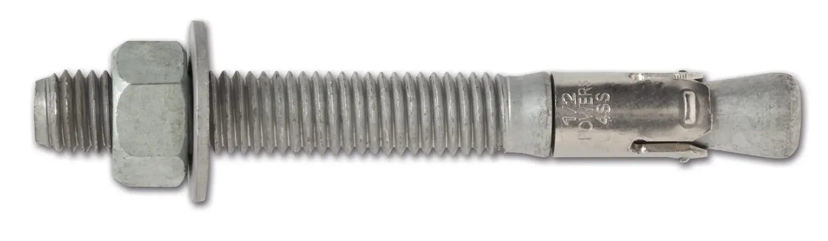 Metal anchor bolt with nut and washer for secure fastening, shown isolated on a white background.
