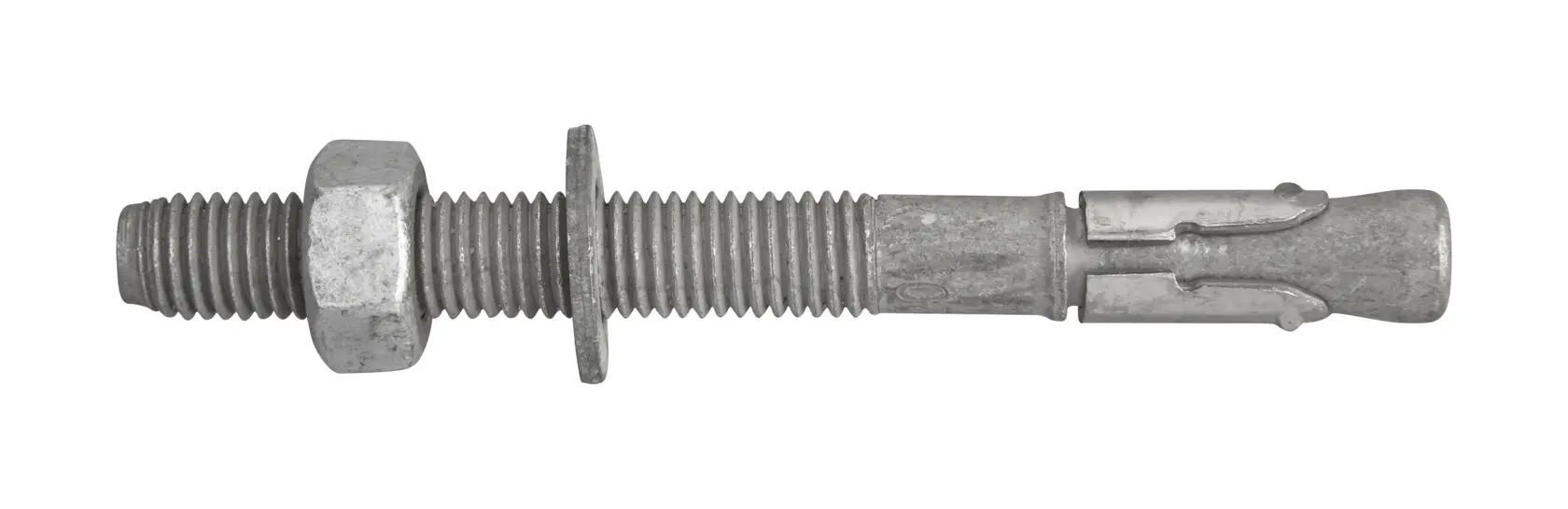 Metal anchor bolt with hex nut and washer shown against a white background.