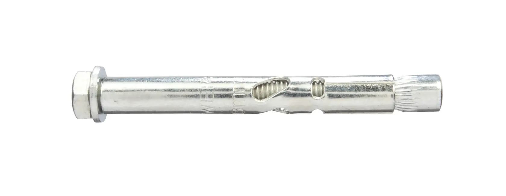 Metal sleeve anchor bolt for secure fixing in concrete or masonry. Hex head, silver finish, single piece.