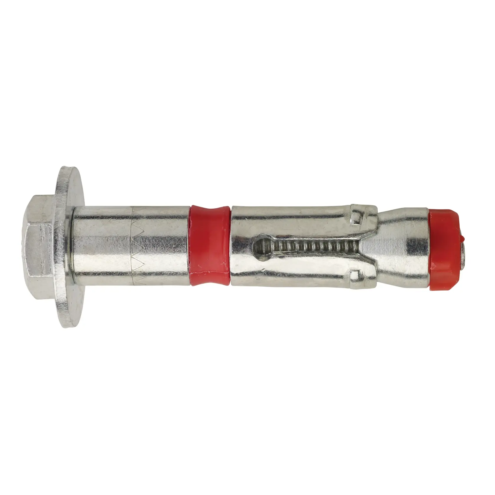 Metal anchor bolt with hex head and red accents, used for secure fixing in masonry and concrete surfaces.