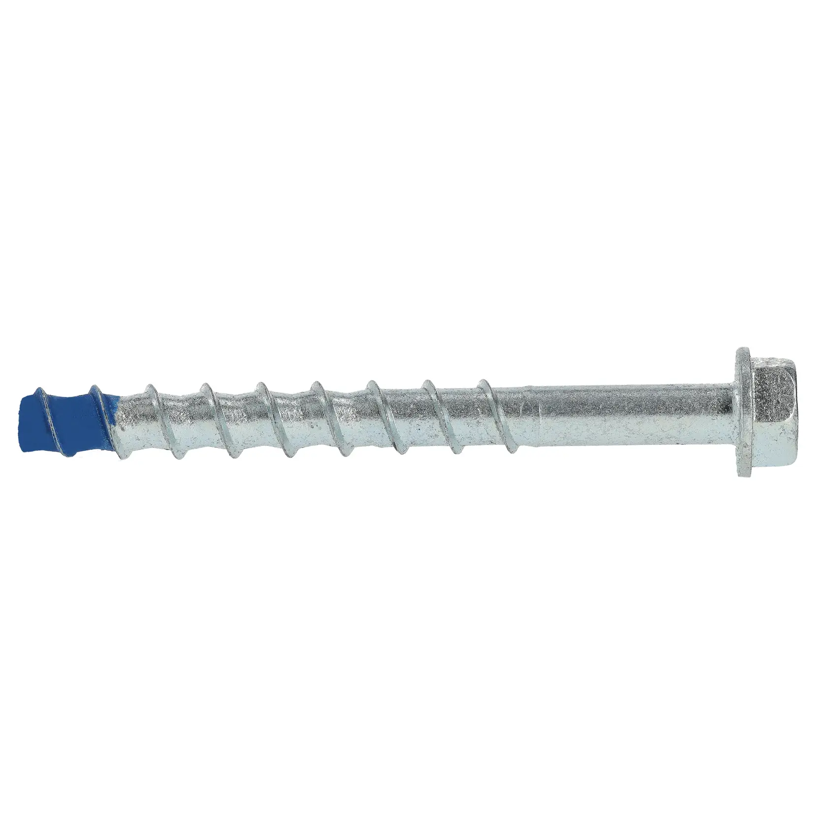 A close-up of a metal screw with a hex head and blue tip against a white background.