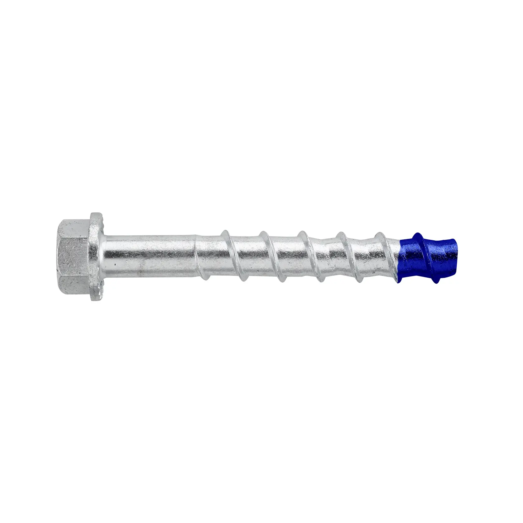 A single silver concrete screw bolt with a hex head and blue tip on a plain white background.