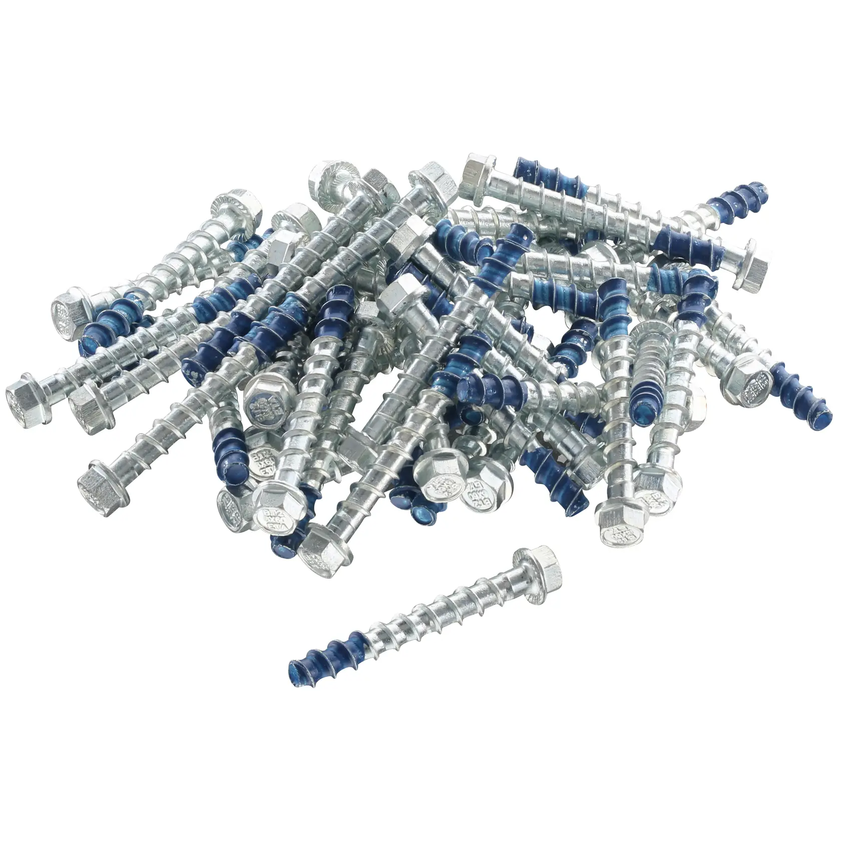 Pile of metal hex-head concrete screws with blue thread coating, viewed on a white background.