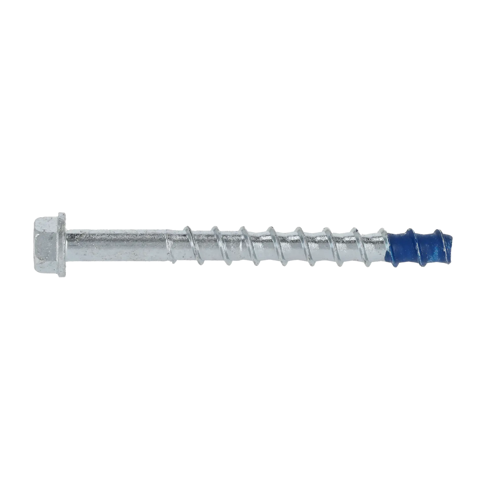 A close-up image of a metal screw anchor with a hexagonal head and partially blue-coated tip, used for securing objects in masonry or concrete.