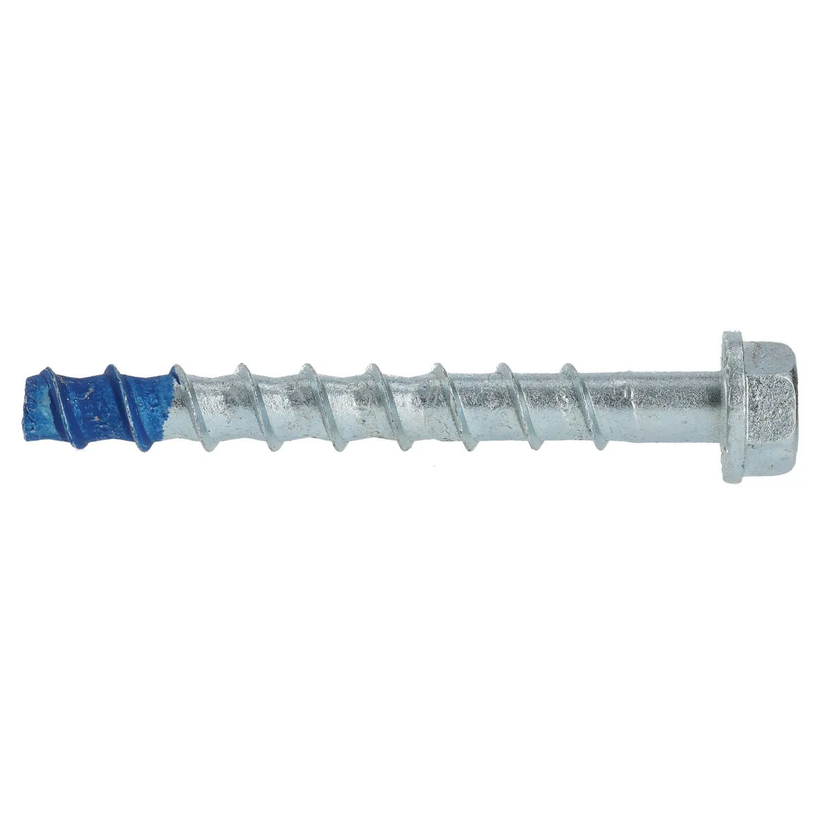 A metallic screw bolt with hex head and a blue tip, shown against a white background.