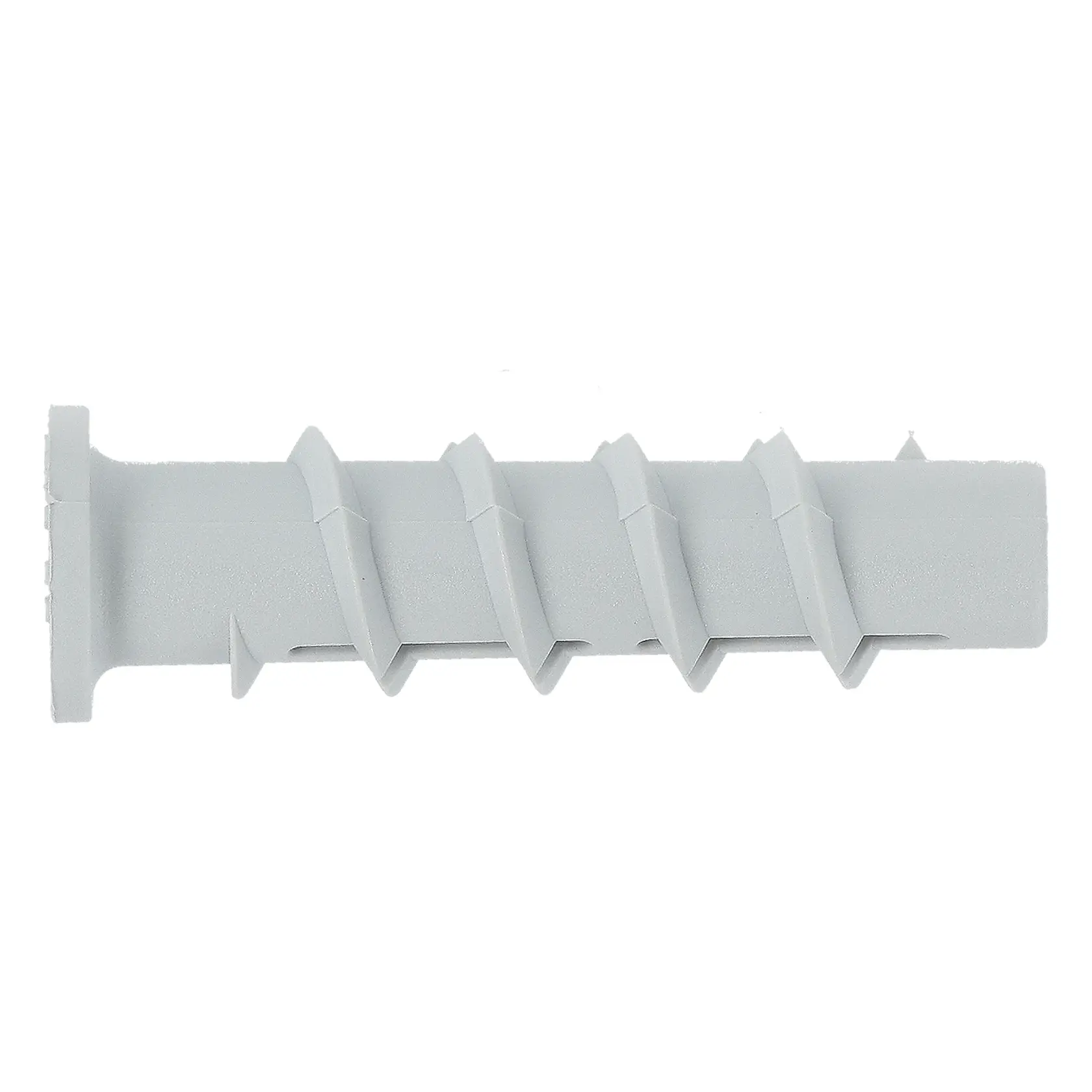 A grey plastic wall plug with angled ribs for secure anchoring in masonry or drywall surfaces.