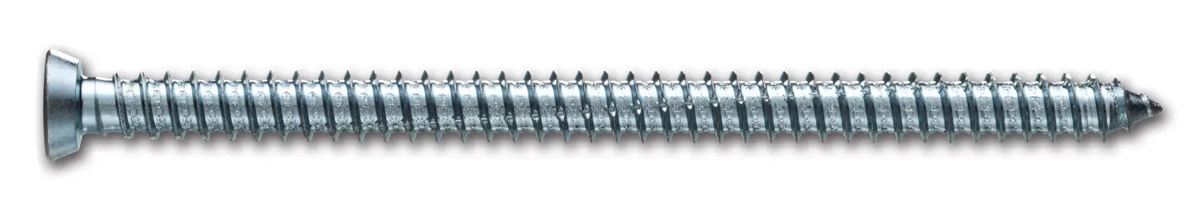 Close-up image of a single metal screw with a flat head and threaded body against a white background.