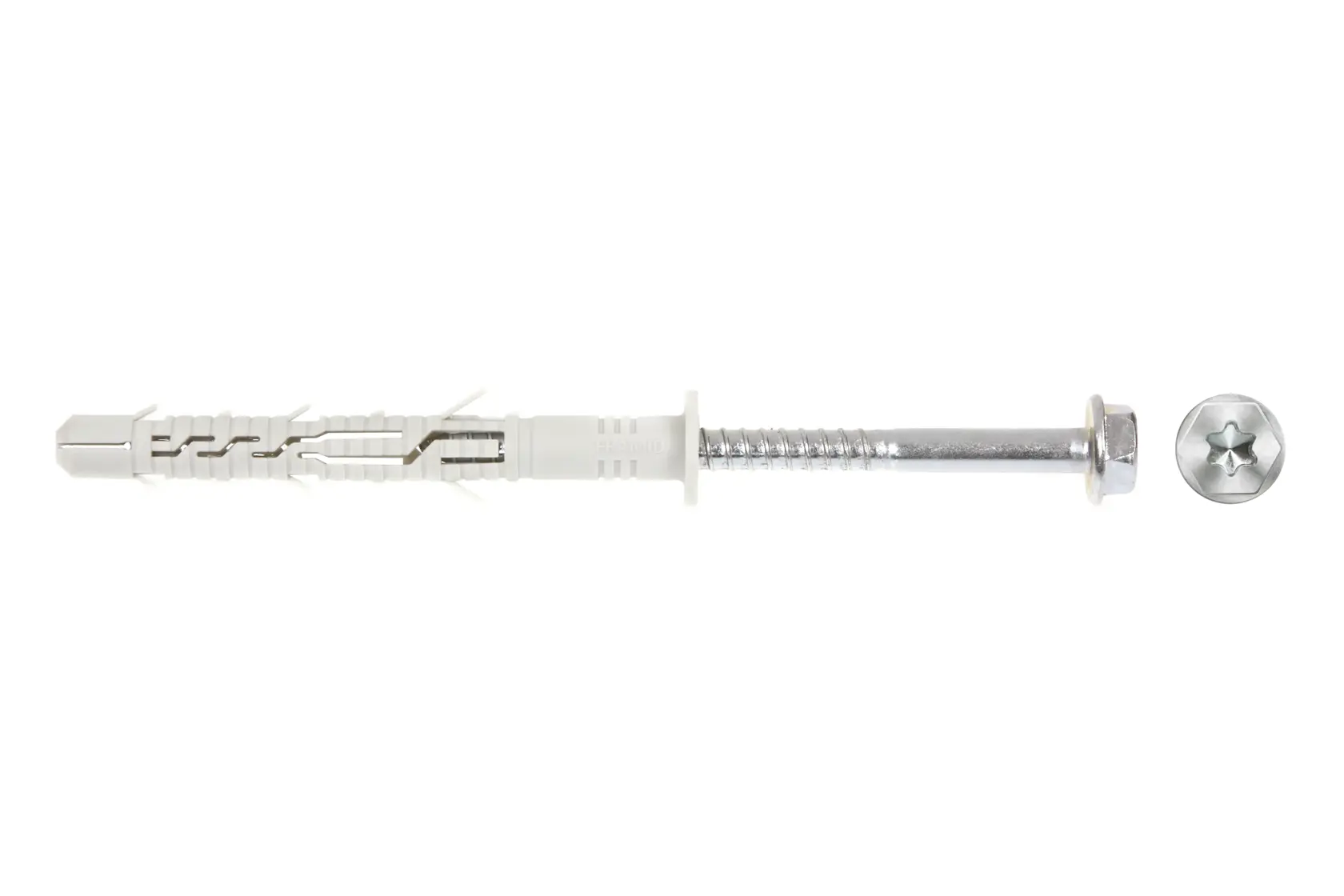 Plastic wall plug and metal screw with a separate screw head, shown on a white background.