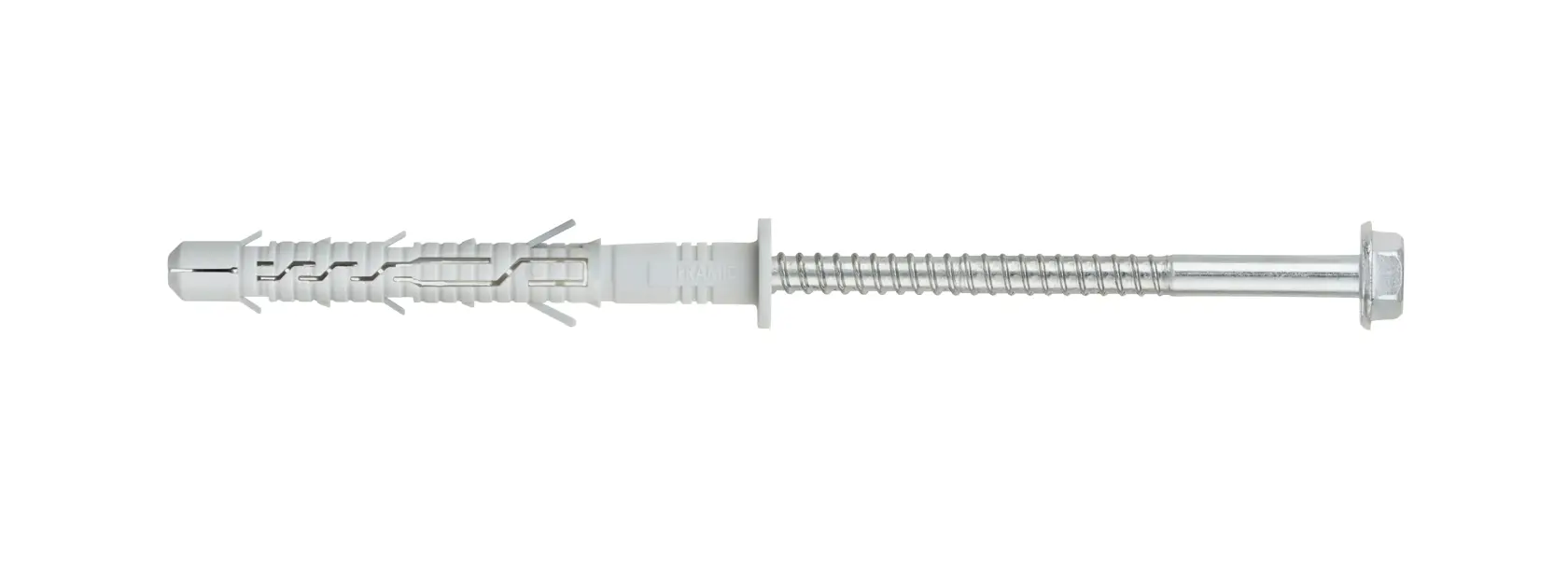 A metal hex head screw with a white plastic wall anchor for secure fastenings in masonry or concrete.